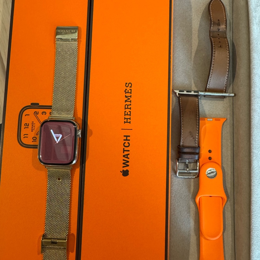 Apple Hermes Watch with Coach Gold Band, Hermes Brown Leather and Orange Bands